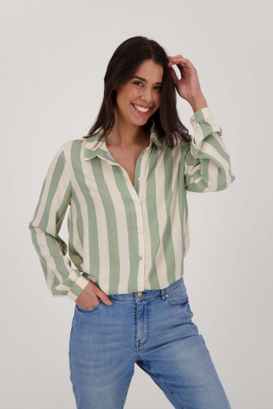 Kleding Zusss | Zusss Oversized Blouse Met Streep Saliegroen/Ecru