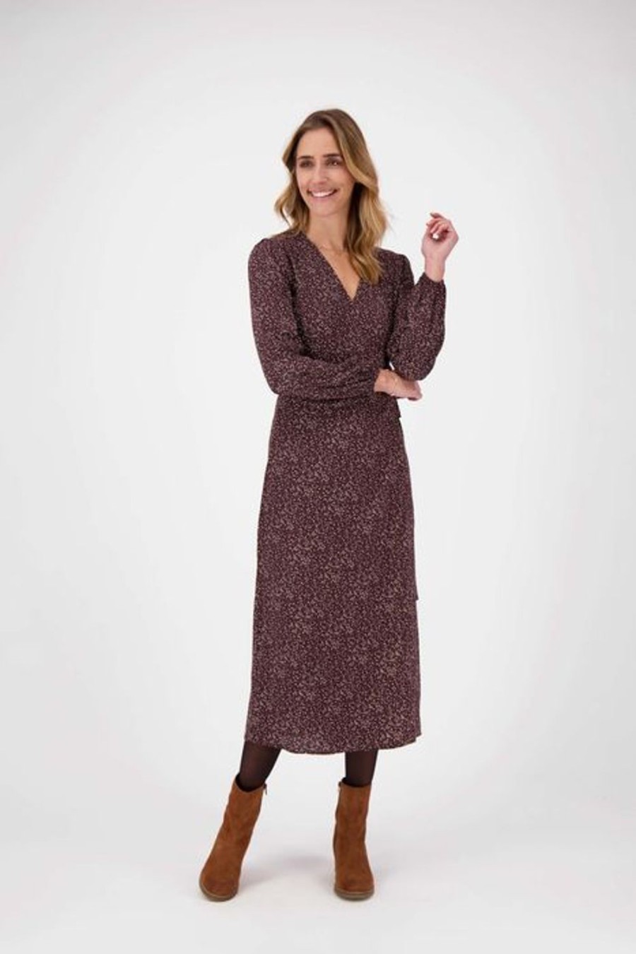 Kleding Zusss | Zusss Wikkeljurk Met Print Chocoladebruin