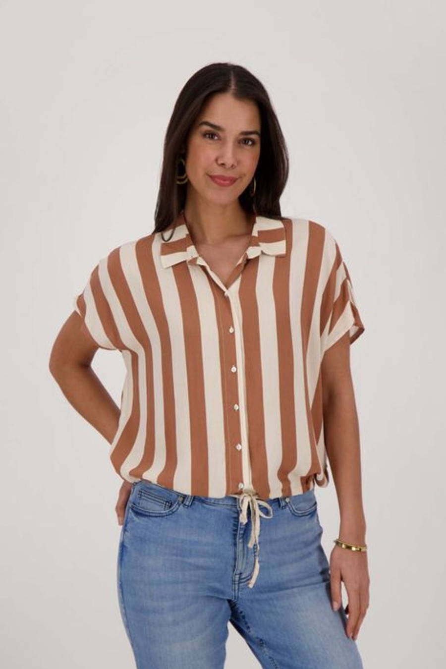 Kleding Zusss | Zusss Blouse Korte Mouw Met Streep Brique/Ecru