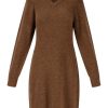 Kleding Zusss | Zusss Gebreide Jurk Met V-Hals Hazelnootbruin