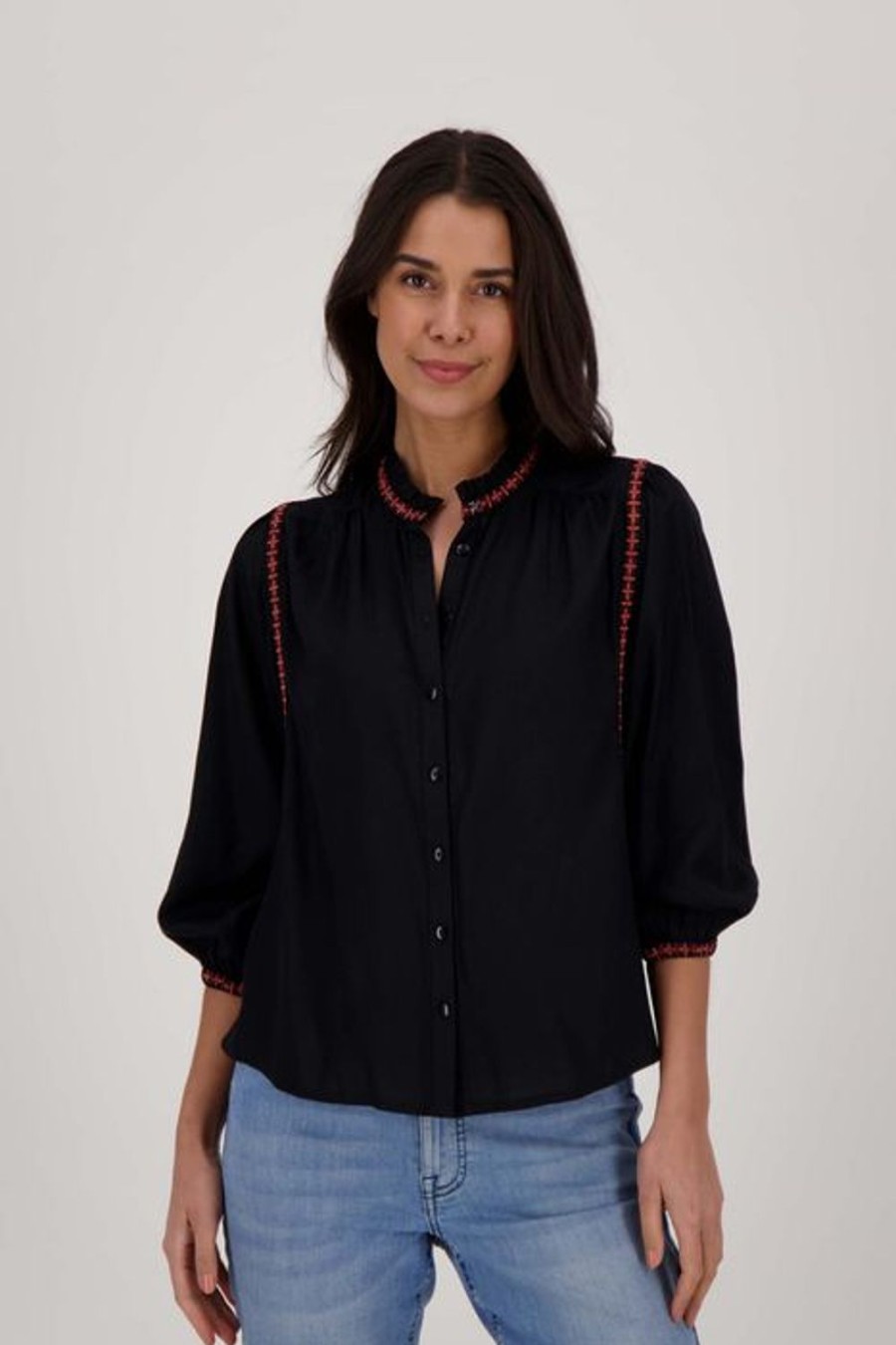 Kleding Zusss | Zusss Blouse Met Borduursels Zwart/Koraalroze