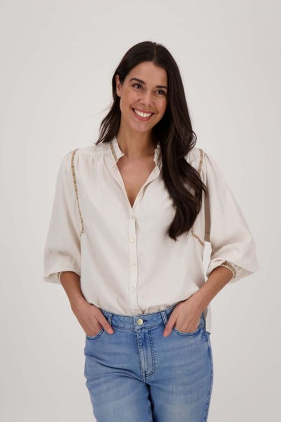 Kleding Zusss | Zusss Blouse Met Borduursels Zand/Saliegroen